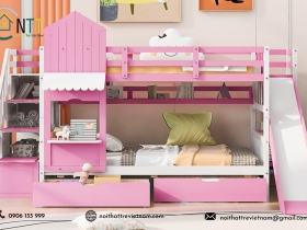 Gợi ý thiết kế giường tầng cầu trượt màu hồng cho bé gái 10 tuổi
